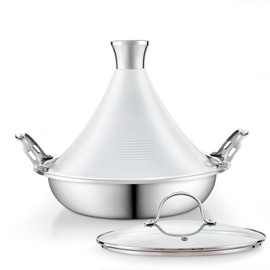 Cooks Standard Moroccan Tagine Pot 3.6 Qt, 11 Inch Multi-Ply Clad Stainless Steel Pan with Dual Handles, Clay Pot Alternative for Slow Cooking, with Conical Die-Cast Aluminum & Glass Lid, White