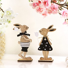 com-four® 2x Decorative Figures for Easter - Pair of Easter Bunnies with Flowers - Two Easter Bunnies to Stand - Easter Decoration Made of Wood (Set19 - rabbits with flower)