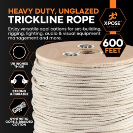 White Unglazed Trickline Rope - 600 ft x 1/8 inch Theatrical Tie Line Heavy Duty Spool, Cable Management and Wire Tie - for Theatre, Stage Decor, Rigging and Utility Applications - Xpose Safety