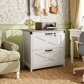 DEVAISE 2 Drawer Farmhouse File Cabinet with Lock, Lateral Filing Cabinet for Letter/Legal/A4 Size, Wood Printer Stand for Home Office, White