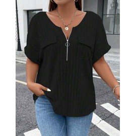 Gemulate Plus Size Tops for Women Summer Black V Neck Zipper Top Plus Size Ladies Tops Short Sleeve Tunic Tops Loose Casual Shirts Blouse or Women UK - Black, XXXXX-Large