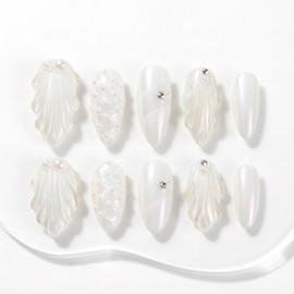 Sun&Beam Nails Handmade Nail Tips, Medium Long Almond, False Nails, Mermaid Scale, Shell, Pearl, Glitter, Popular 3D, Fashionable, Cute Design, Pack of 10 (#30 White, Medium)
