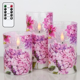 Eldnacele Hydrangea Glass Flameless Candles with Remote and Timer, Realistic 3D Wick Flickering Real Wax LED Window Candles Battery Operated Dinner Wedding Spring Flameless Candles(3 x 4,5,6 Inch)
