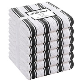 Cotton Clinic Set of 6 Vintage Stripe Cotton Kitchen Dish Towels 16x26, Tea Towels and Cleaning Towels, Kitchen Towels with Hanging Loop, Black White