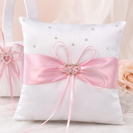COSLANLEE Wedding Flower Girl Basket and Ring Bearer Pillow Set, White Satin with Bow, Traditional Style (Pink Heart)