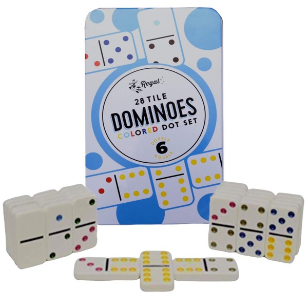 Regal Games Double 6 Colored Dot Dominoes with Reusable Collectors Tin