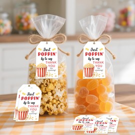 50Pcs Popcorn Thank You Tags Just Poppin by to Say Thank You for Your Coming Popcorn Paper Tag with String Party for Kid Birthday Baby Shower Christmas Employee Volunteer Teacher Appreciation Gift