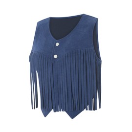 Edhomenn Women's Tassel Vest 70s Hippie Faux Suede Fringe Jacket Cardigan Solid Color Open Front Sleeveless Y2k Jacket (04 Blue, S)