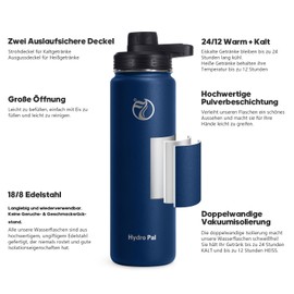 HydroPal Stainless Steel Drinking Bottle - 750 ml, 1 L, 1.2 L, BPA-Free, Suitable for Carbonated Drinks, Insulated Thermos Flask with Straw and 2 Lids, Leak-Proof Insulated Bottle for Children,