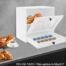 Wooden Corner Bread Box Black, Double Layer Countertop BreadBox with Drawer & Clear Door, Farmhouse Bread Box, Breadbox Organizer Cabinet, Food Storage Container for Kitchen Countertop