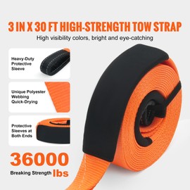 Happybuy Heavy-Duty 3" x 30 ft Towing Strap Kit - 36,000 lbs MBS! Polyester, Strengthened Loop, Hitch, Shackles & Storage Bag
