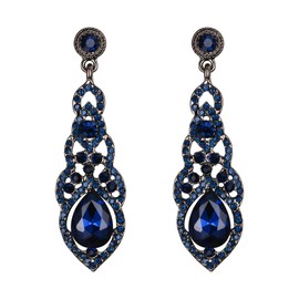 BriLove Navy Blue Chandelier Earrings Crystal Art Deco Teardrop Hollow Pierced Dangle for Women's Wedding Bridal Sapphire Color Black-Silver-Tone