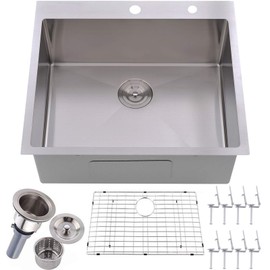 VALISY 25 x 22 x 10 Inch Topmount 16 Gauge Stainless Steel Extra-thick Drop In Brushed Nickel Single Bowl Kitchen Sink, Dish Grid and Basket Strainer Included