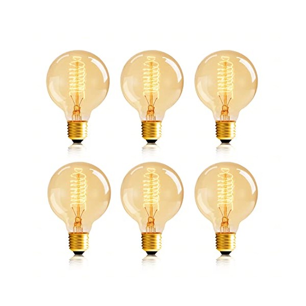 Globe Edison Bulbs, 6-Pack 60w Vintage Edison Light Bulb, Spiral Filament Edison Bulbs, E26 Base - Amber Tinted - 120VDimmable - G80 Decorative Lightbulbs