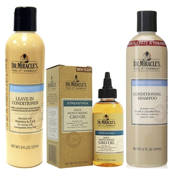 Dr. Miracles Leave in Conditioner 8 oz, Daily Moisturising Gro Oil 4 oz & Conditioning Shampoo 12 oz