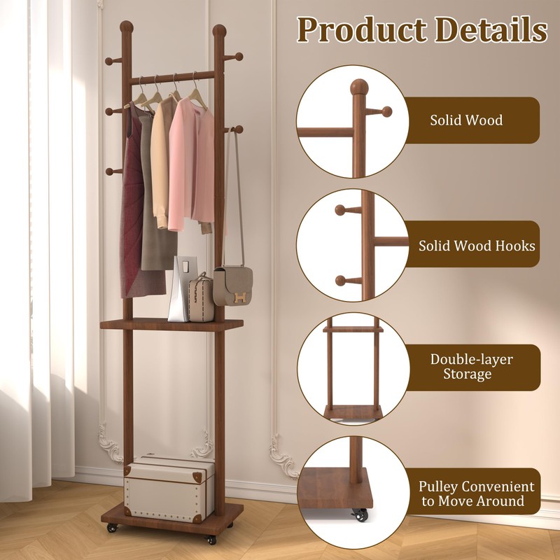 PZDJUMO Solid Wood Coat Rack Clothes Rack with Wheels &