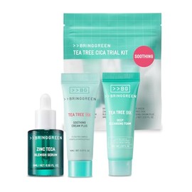 BRING GREEN Kit De Prueba De Cica De Árbol De Té | Set De Cuidado De La Piel Coreano En Tamaño De Viaje Para Piel Sensible Y Con Tendencia Al Acné | Sérum De Zinc Y Teca, Crema Hidratante De Cica De