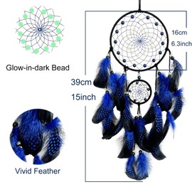 SOYUZU Blue and Black Dream Catcher Wall Decor Feather Dream Catchers with Luminous Bead Handmade Dreamcatcher Wall Hanging Ornament for Bedroom Living Room Home Decor