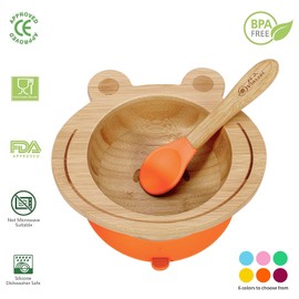 Vinsani Frog Bamboo Bowl and Spoon Set for Baby/Toddler, Frog Shaped Suction Bowl, Stay-Put Design, Hypoallergenic and BPA-Free (Orange)