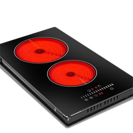 Electric Cooktop with Double Burners,12 Inch Electric Stove Top, Countertop & Built-in Ceramic Cooktop with Glass Protection Metal Frame, Electric Cooktop Supporting 220-240V, No Plug, Hard Wire