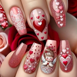 Valentines Nails Press on Nails Medium Square Heart Fake Nails 24Pcs Glitter Design Valentines Day Nails with Glue Valentines Red Heart Angel Full Cover False Nails for Women and Girls DIY Manicure