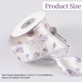 CABODYALS 9.14M 1.5 Inch Purple Floral Wired Ribbon Flower Print Ribbon Spring Summer Flowers Printed Fabric Ribbon with Spool for Gift Wrapping Sewing Craft Christmas Wedding Invitations Diy Decor