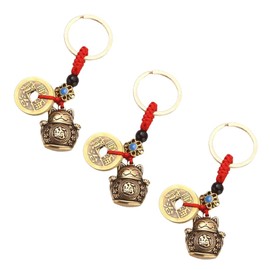 Opexicos 3Pcs Lucky Pure Brass Fortune Cat Keychain with Five Emperors Money Coins
