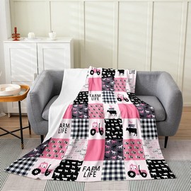 Tractor Flannel Fleece Throw Blanket,Farm Animal Pink Fuzzy Blanket for Bed Sofa Couch,All Season Farm Nursery Decor Bed Blanket Breathable Rustic Farmhouse Plush Blanket Room Decor Throw 50"x60"
