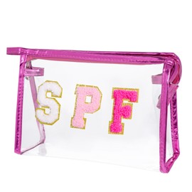 Hmxpls Clear Preppy Patch Makeup Bag, SPF Chenille Letter Bag for Beach, Clear Pouch with Zipper, Preppy Travel Bags Clear Cosmetic Toiletry Bag for Women Girls Teens (Rose Red)