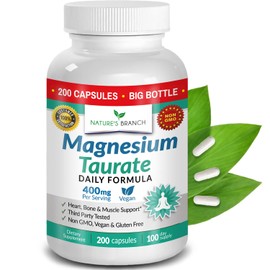 Natures Branch- Taurato de Magnesio 400mg 200 Cápsulas Alta Absorción para el Sueño, Salud del Corazón, Calma, Suplemento Articular                   