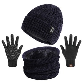 TAGVO 3in1 Winter Beanie Hat Scarf Gloves Set, Winter Thermal Elastic Thicken Warm Fleece Inner Lining Knit Beanie Cap Neck Warmer Warm Touchscreen Gloves for Men and Women,Winter Accessories Sets