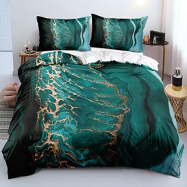 Luofanfei Marble Bed Linen 135 x 200 cm, Green Gold 3D Effect Abstract Motif Bedding Set, Aesthetic Microfibre Marble Bed Linen Set, Luxury Modern Printed Duvet Cover Set for Single Bed with Zip