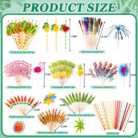 150Pcs Cocktail Accessories for Drinks, Summer Cocktail Decorations Set, Tropical Drink Accessories Kit with Paper Umbrellas, Fruit Straws, Firework Sticks for Hawaiian Beach Party