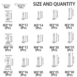 Rrina 110Pcs 304 Stainless Steel Flat Head Clevis Pins Cotter Pin Clip Key Assortment Kit Link Hinge T-Shape Round Pin M3 M4 M5 Assorted Sizes Set
