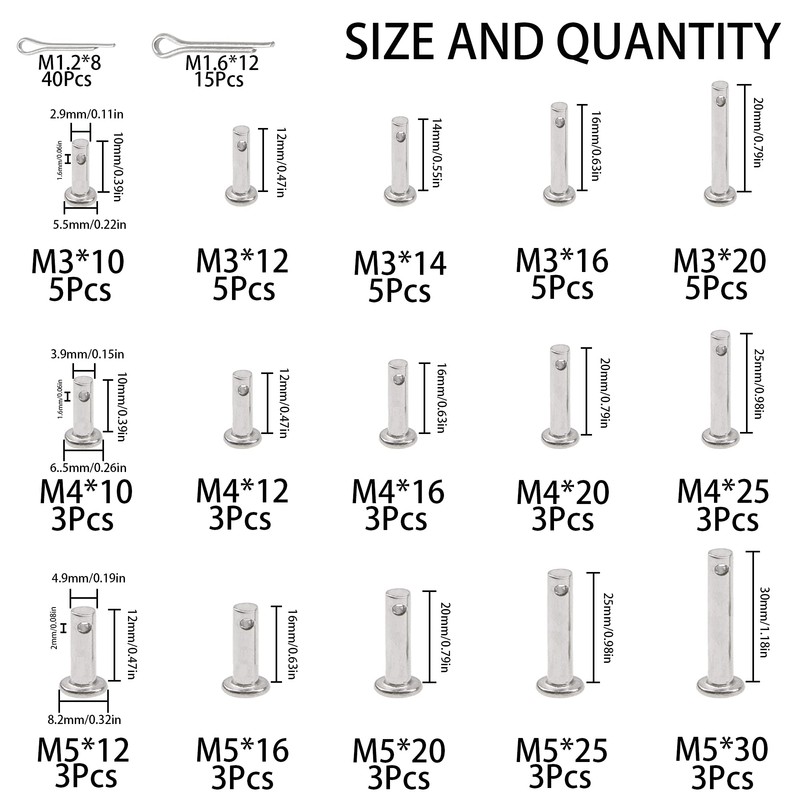 Rrina 110Pcs 304 Stainless Steel Flat Head Clevis Pins Cotter