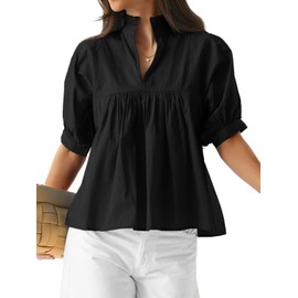 Cicy Bell Womens Puff Sleeve V Neck Blouse Babydoll Peplum Tops Dressy Casual Pleated Loose Fit Shirts Black