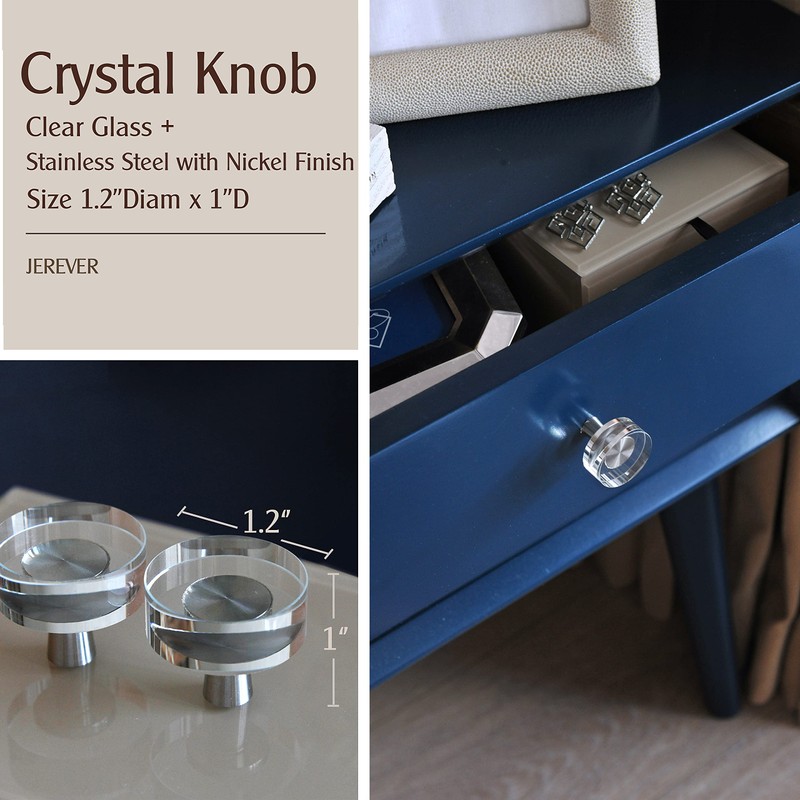 JEREVER 2 Pack Glass Crystal Knobs Brushed Nickel Drawer Pull