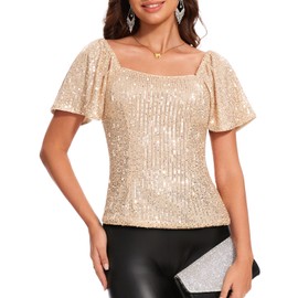 DRESSTELLS Sequin Sparkly Square Neck Tops for Women Puff Sleeve Blouse Glitter Dressy Tops for Evening Concert Party Shirts Champagne 2XL