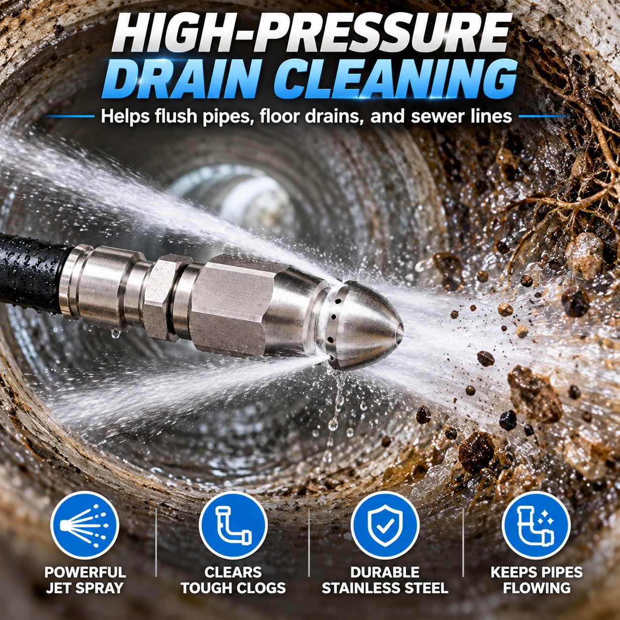 Sewer Jetter Nozzle for Pressure Washer Use – 1/4" Stainless Steel Quick Plug Drain Cleaning Tool