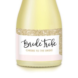 BRIDE TRIBE Mini Champagne & Wine Bottle Labels, Pop the Bubbly & CHEERS to the Bride! Set of 20 Sparkly Pink & Gold WATERPROOF Stickers, Bachelorette Brunch, Engagement Hen Party, Favors, Gift Bags