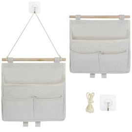 GOWTX 2Pcs Wall Hanging Storage Bag, Linen Fabric Hanging Storage, High Capacity Hanging Storage Bag with Pockets, Wall Mounted Hanging Pocket Bag with Hook for Bedside Dormitory Bathroom