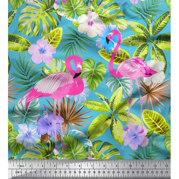 Soimoi Blue Heavy Canvas Fabric Flamingo,Tropical Leaves & Floral Upholstery