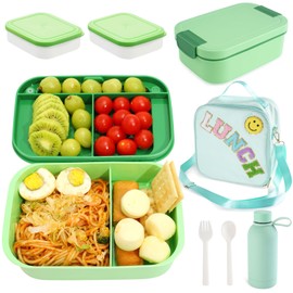 TAYETLLY Bento Lunch Box Set for Kids - Green Nylon insulated Lunch Bag with 12oz Thermos, Leak-Proof Containers, Adjustable Strap, Birthday Gifts for Girls School Travel Picnic (Ages 3-15)