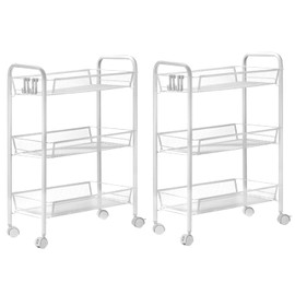 QWORK Mesh Wire 3 Tier Rolling Cart, 2 Pack Metal Kitchen Storage Utility Cart with Lockable Wheels, Storage Art Trolley Carts, Basket Stand, White