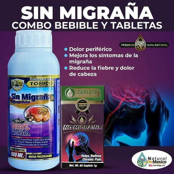 Tierra Naturaleza No Migraine Drinkable Combo and Headache Caplets, No Migraine Premium