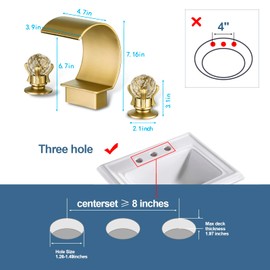 BANGPU Bathroom Sink Faucet 3 Hole Widespread Waterfall Bathroom Faucets with Crystals Handles Basin Mixer Tap 8-Inch High Arc Vanity Faucet with Supply Hose, Brushed Gold
