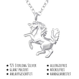 Monkimau Girls' Necklace Horse Unicorn Pendant 925 Sterling Silver with 45 cm Chain, Sterling Silver, No Gemstone