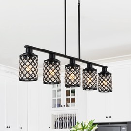 KPIOK Kitchen Island Lighting,5-Light Dining Room Light Fixture Over Table,Black Linear Chandelier with Black Handmade Crystal Shade,Pendant Lighting for Kitchen Light Dining Table Living Room