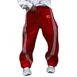 ZAFUL Men's Straight Sweatpants Long Drawstring Waist Joggers Colorblock Striped Lounge Baggy Sweat Pants with Pockets Red L