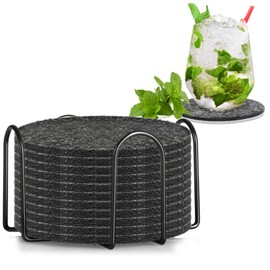 com-four® 12 x Felt Coasters, Round Table Protectors with Metal Holder, Protective Mat for Pots, Glasses, Vases, Felt Coasters for Cups, Wipeable Underlay (Diameter 10 cm, Round + Holder)